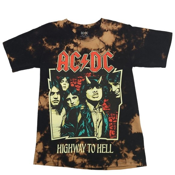 ACDC AC/DC Highway To Hell T Shirt Adult S Tie Dye Metal Rock Black Bleach Wash - Picture 6 of 8